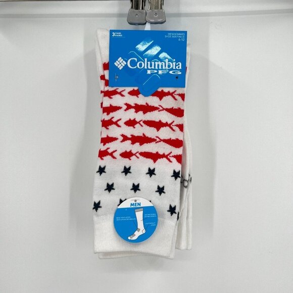 Columbia Men's PFG Patriot Crew Socks 3 Pairs sz 6-12 Fish White/Red/Blue - Picture 1 of 5